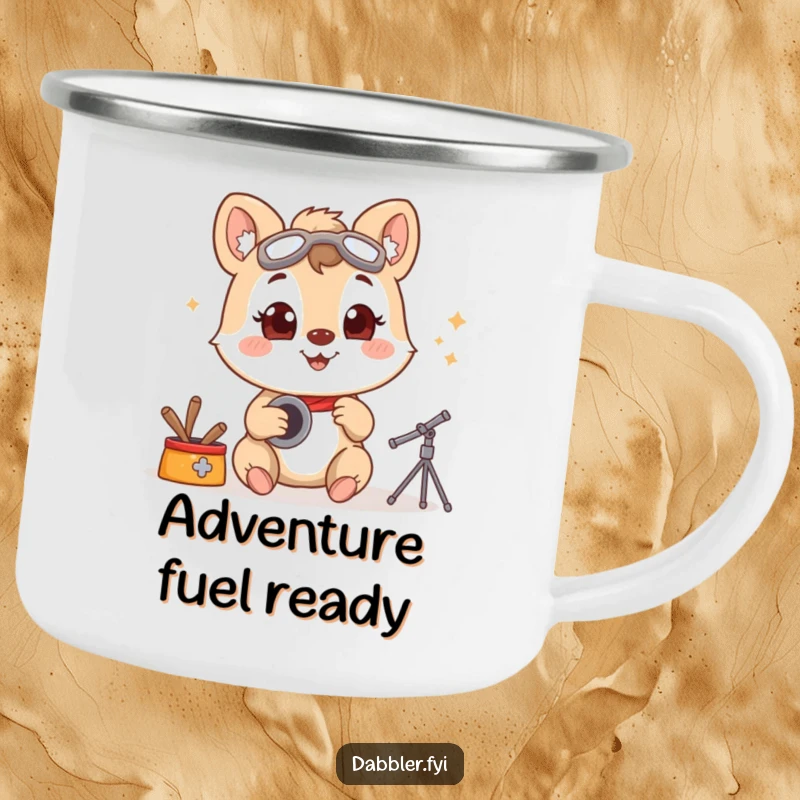 Funny camping mug with a smiling animal character exploring a new hobby with wide-eyed enthusiasm, ready for outdoor fun and humor.