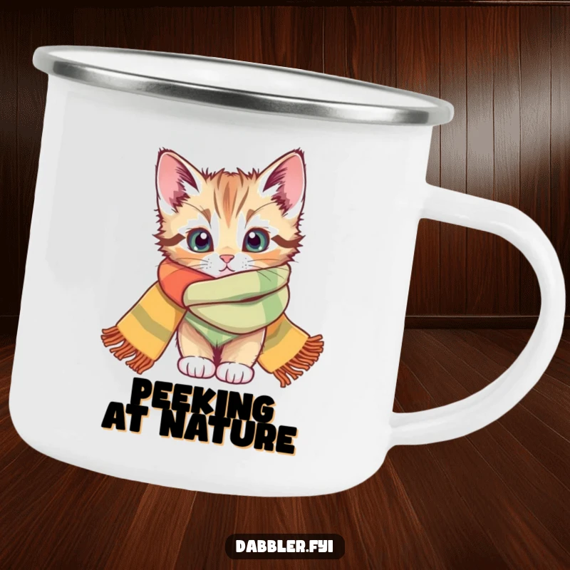 Funny camping mug featuring a curious kitten peeking from a scarf, suitable for adventures and a funny gift.
