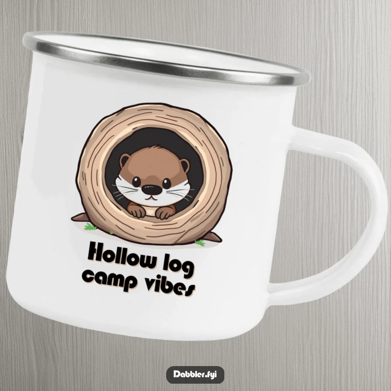 Funny Otter Camping Mug featuring a curious otter peering into a hollow log, ideal for campfire conversations and adventures.