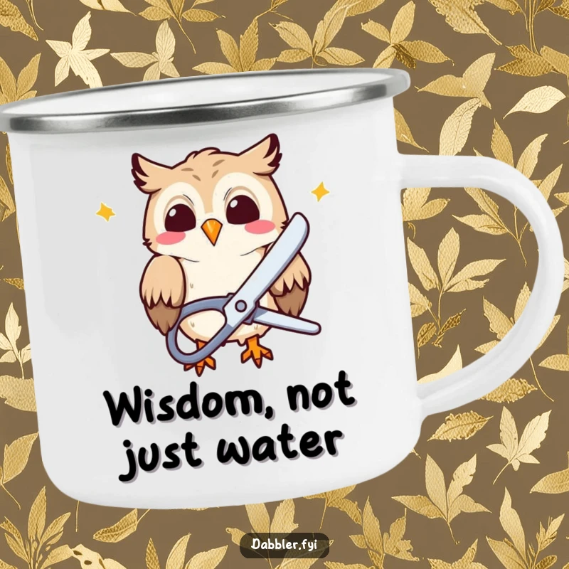 Funny Camping Mug: A giggling owl character uses large scissors to snip colorful paper, a humorous mug for outdoor fun.