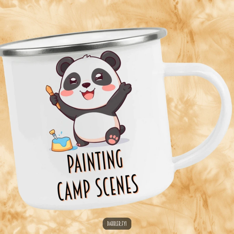 Funny Camping Mug: A joyful panda character dabbing paint with a sponge, perfect for creative campers.