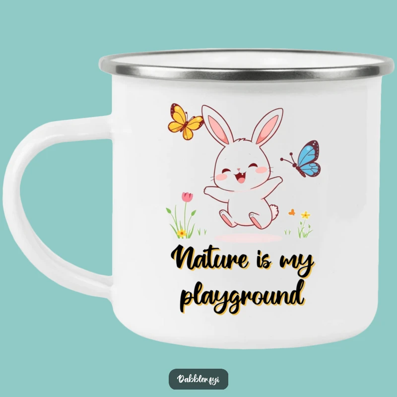 Funny Rabbit & Butterfly Camping Mug: Joyful Character Outdoor Gift, Rugged Humorous
