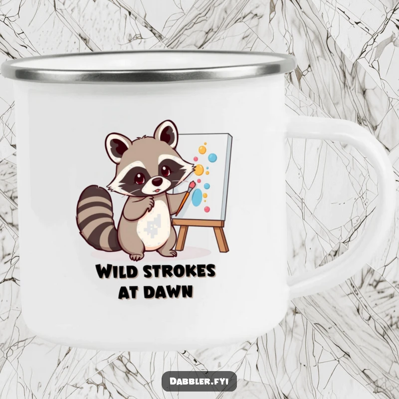 Funny Camping Mug: A mischievous raccoon playfully dabs paint onto a canvas with its tail, ready for outdoor art and beverages.