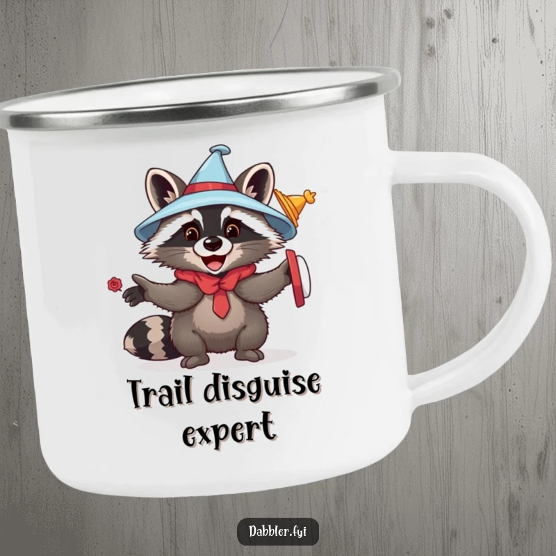 Funny raccoon disguise camping mug showing a playful raccoon wearing different hats, perfect for enjoying drinks outdoors with a touch of humor.