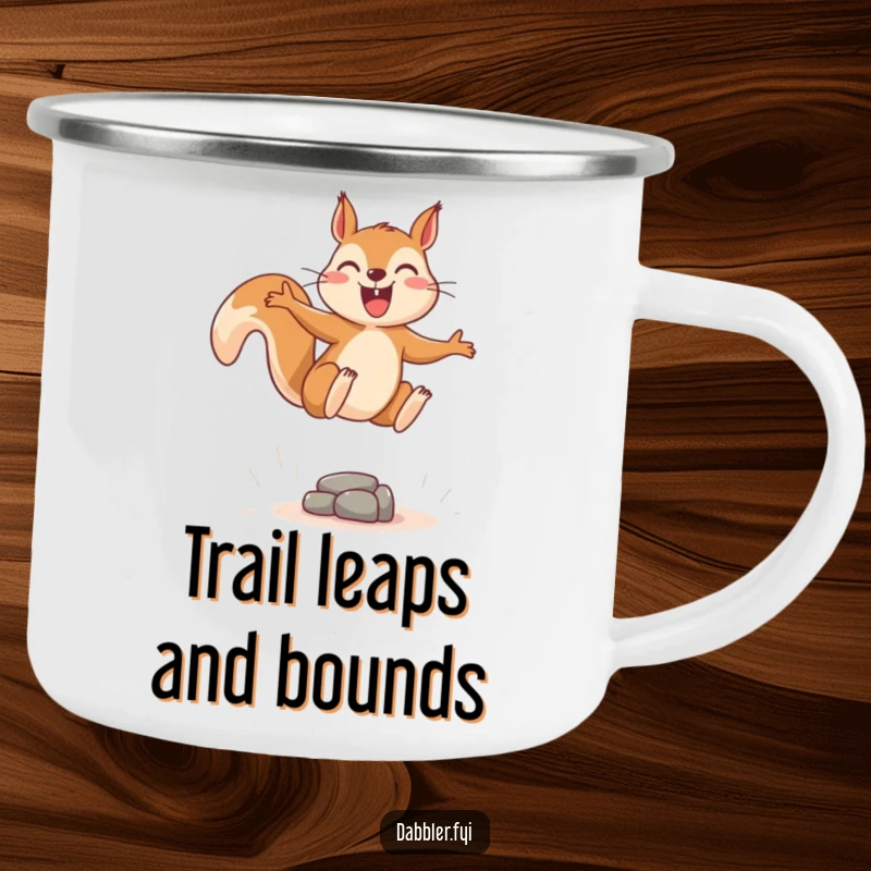 Funny enamel camping mug showing a joyous squirrel leaping energetically over a tiny, imaginary obstacle, for outdoor fun.