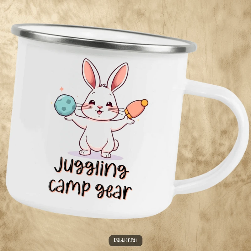 Funny camping mug featuring a rabbit juggling bright, colorful objects, suitable for adventures and a funny gift.
