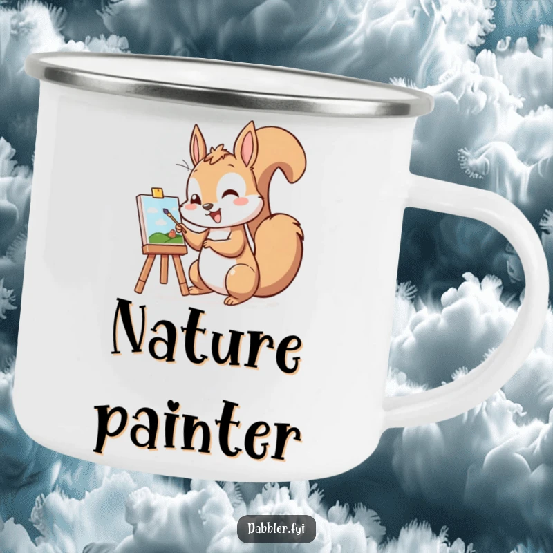 Funny camping mug illustration of a cheerful squirrel artist excitedly painting a miniature picture during an outdoor adventure.