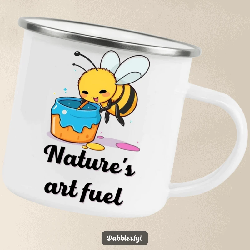Funny busy bee camping mug, artist bee dipping stinger in paint pot, outdoor, humorous and durable gift for adventurers.