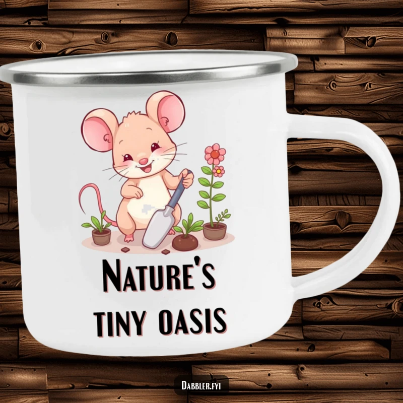 Funny Camping Mug: A happy mouse character arranging miniature plants with a trowel, perfect for outdoor enjoyment.