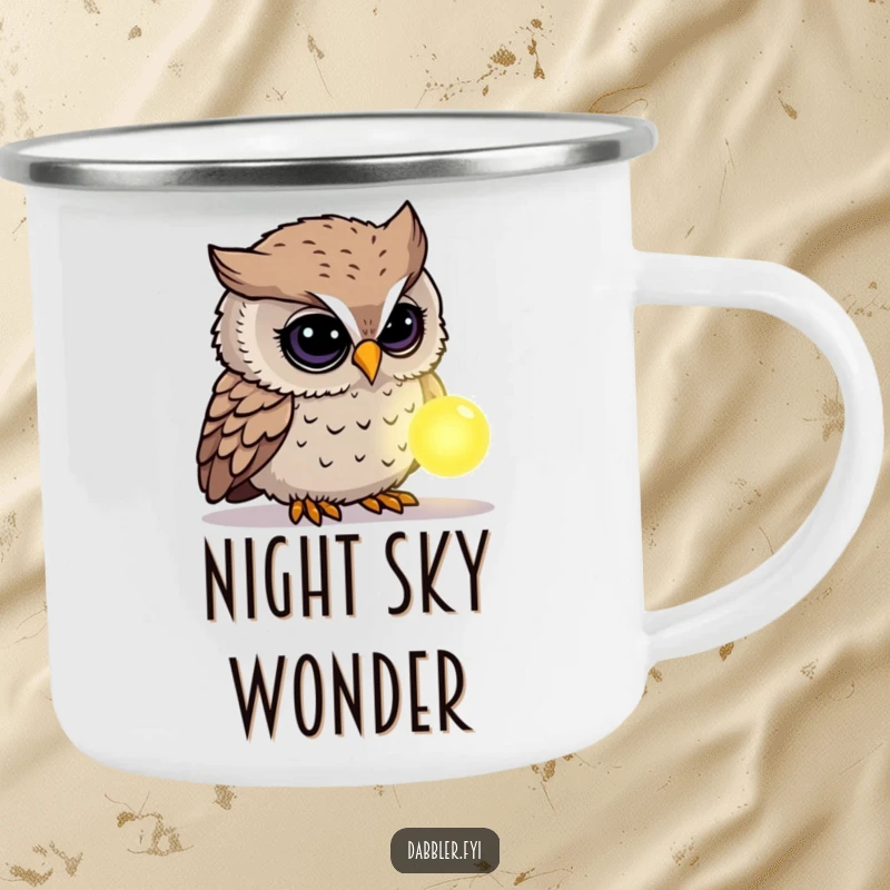 Funny Owl Camping Mug: A curious owl character examines a glowing, mysterious object, perfect for outdoor adventures and humorous moments.