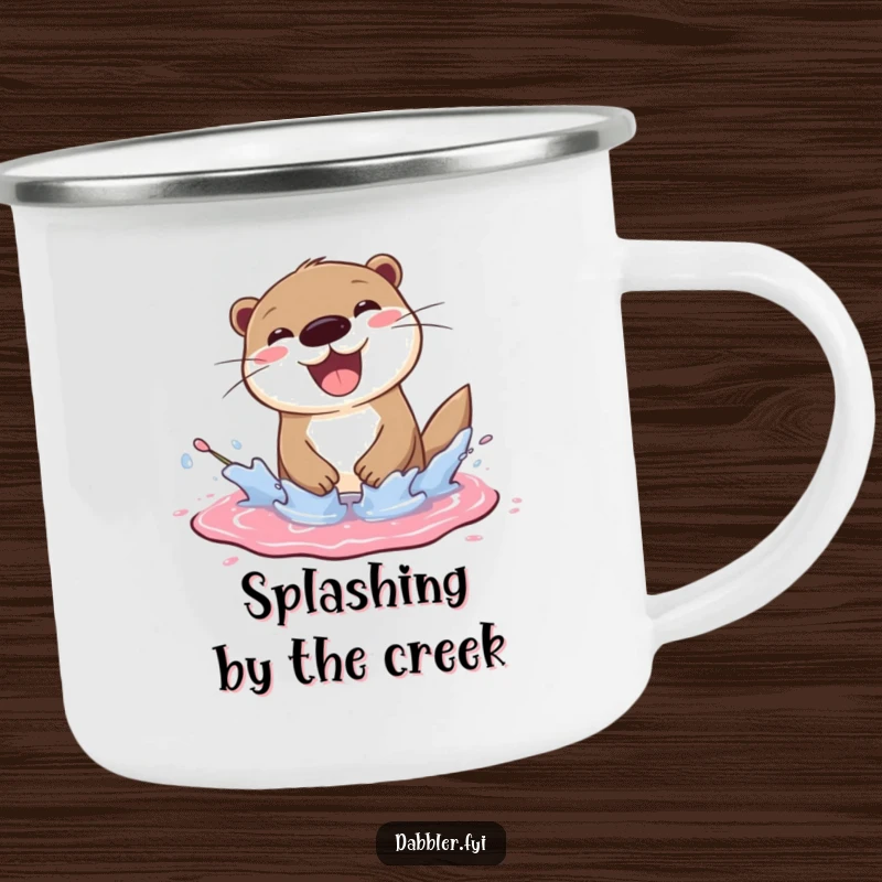 Funny otter camping mug showing a cheerful otter splashing joyfully in a paint puddle, a durable funny gift.