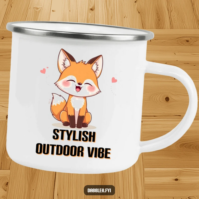 Funny camping mug with a giggling fox trying on stylish hats, suitable for adventures and a funny gift.