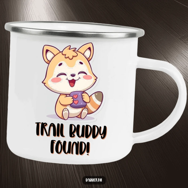 Funny Enamel Camping Mug featuring a joyous animal character engaging with a small, intriguing object during an outdoor adventure, a rugged funny gift.