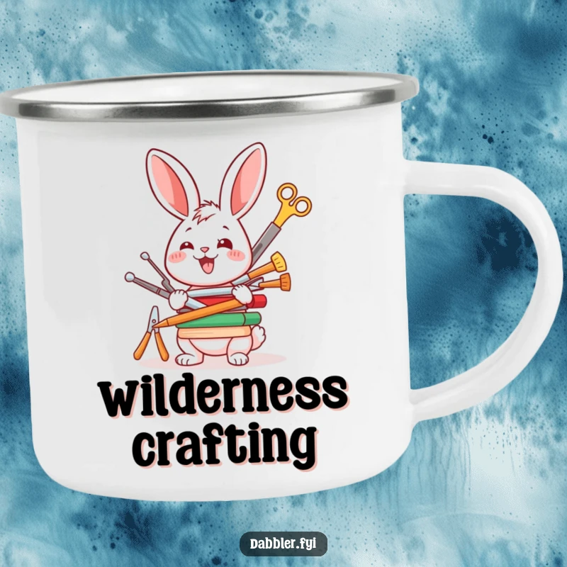 Funny camping mug illustration of a happy rabbit character enthusiastically balancing a stack of crafting tools during an outdoor adventure.