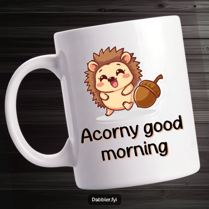 Funny mug showing a delighted hedgehog character playfully running after a small, rolling acorn in an autumn forest setting.