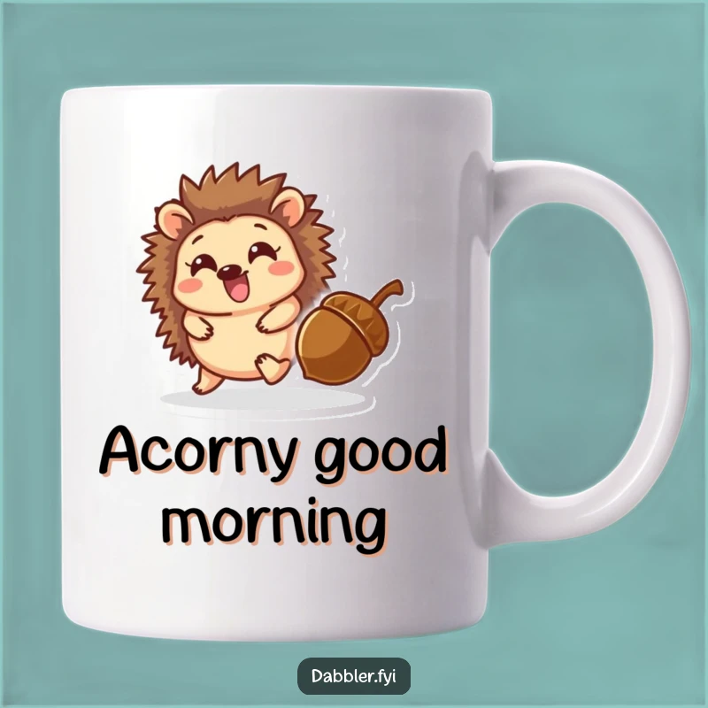 Funny Hedgehog & Acorn Mug: Delighted Character, Playful Moment, Great Humorous Gift