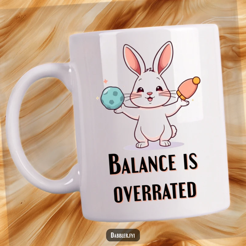 Funny mug depicting a rabbit skillfully juggling three vibrant, distinct objects with focus and flair.