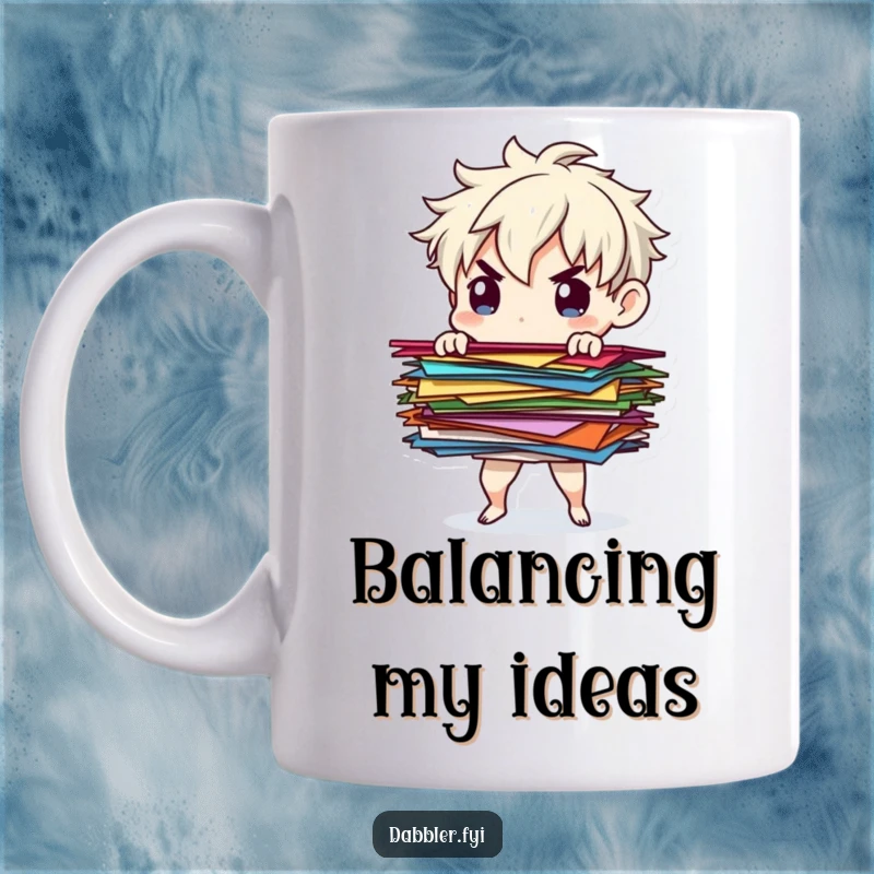 Funny paper balancer mug depicting a determined character precariously balancing a tall stack of colorful paper scraps with intense focus.