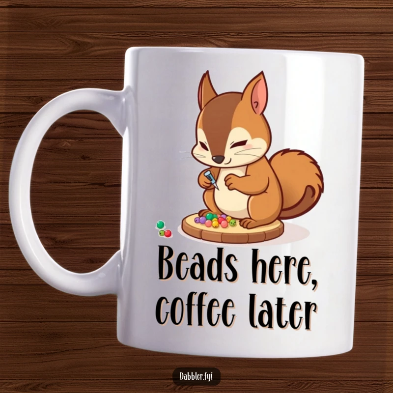 Funny Mug: A determined squirrel artist is focused, gluing tiny beads onto a coaster, embodying meticulous crafting humor.