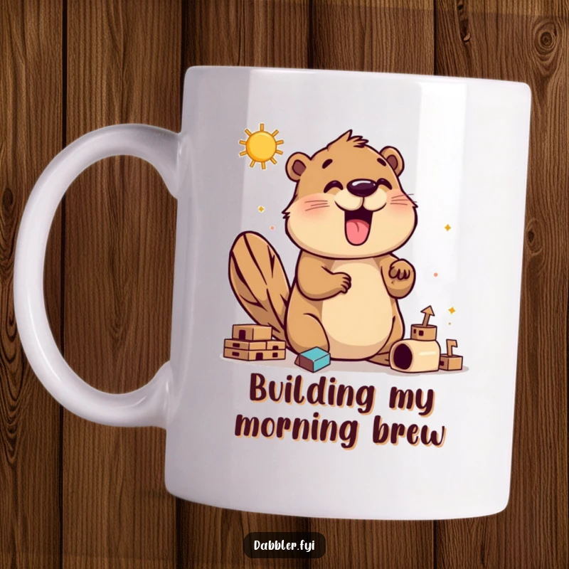 Funny happy beaver mug showing an enthusiastic beaver exploring different ways to build things, celebrating creativity and hard work.