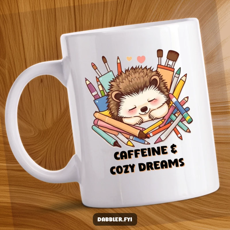 Funny Mug: A contented hedgehog naps peacefully surrounded by vibrant, colorful art supplies, embodying calm creativity.