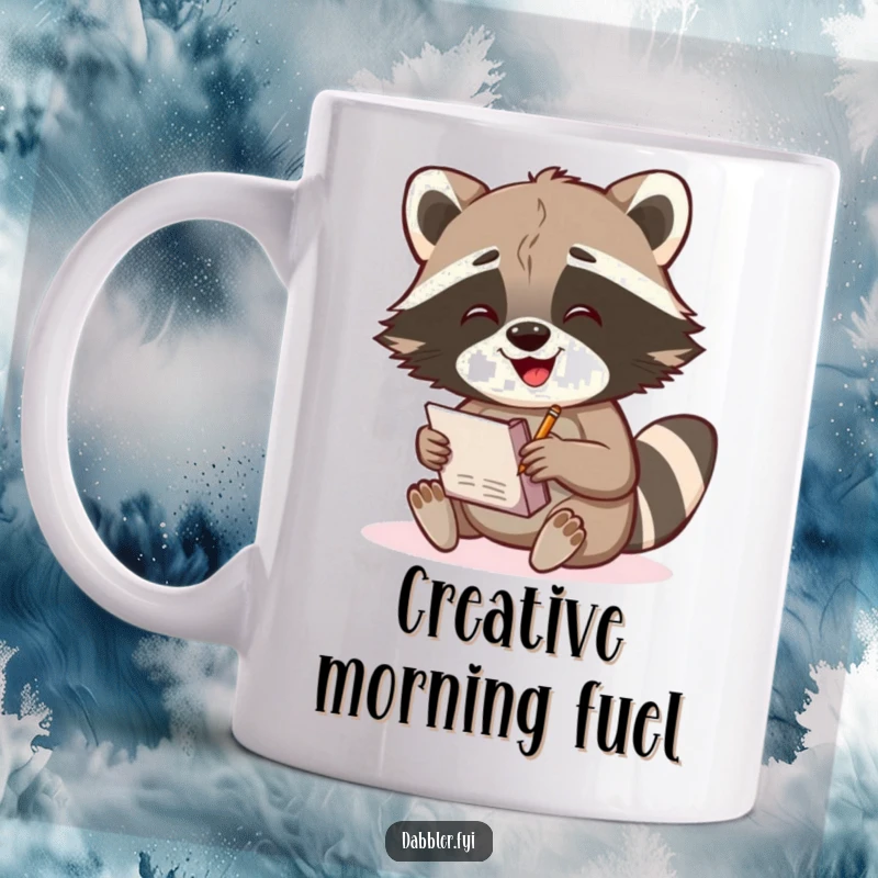 Funny Raccoon Mug: A gleeful raccoon character enthusiastically sketches in a small notebook, celebrating artistic joy and humor.