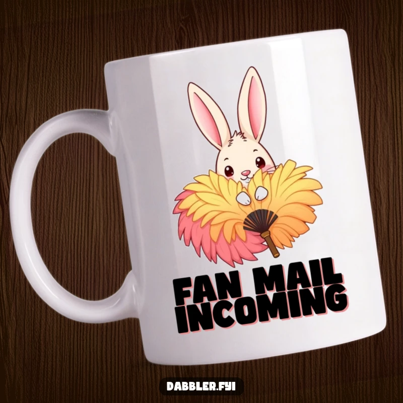 Funny Mug featuring a mischievous rabbit peeking playfully from behind a large, vibrant feather fan, exuding a sense of cheeky fun.