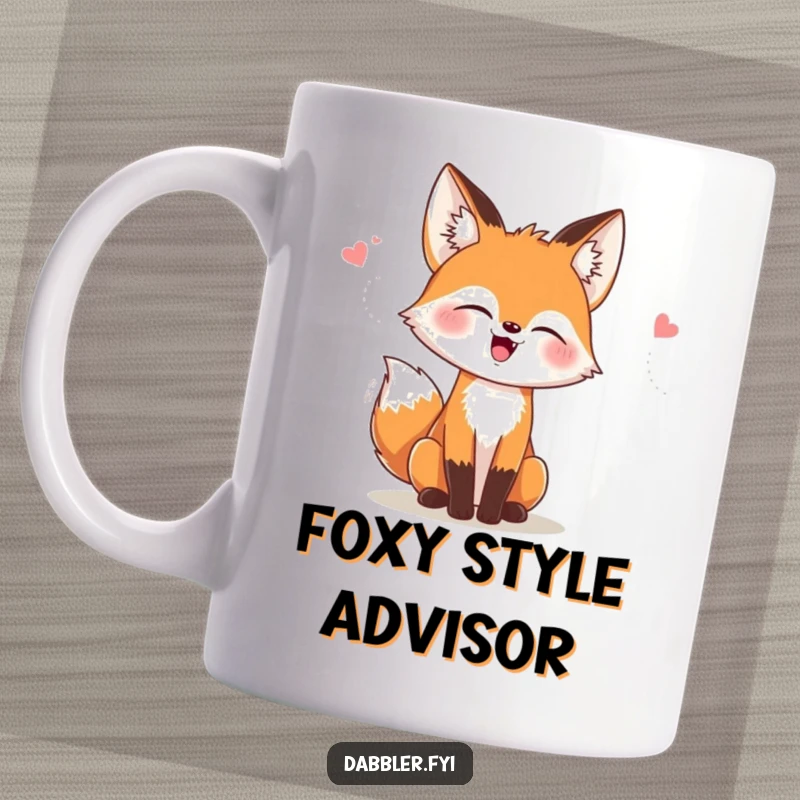Funny mug showing a stylish fox giggling while adorning itself with various fashionable accessories.