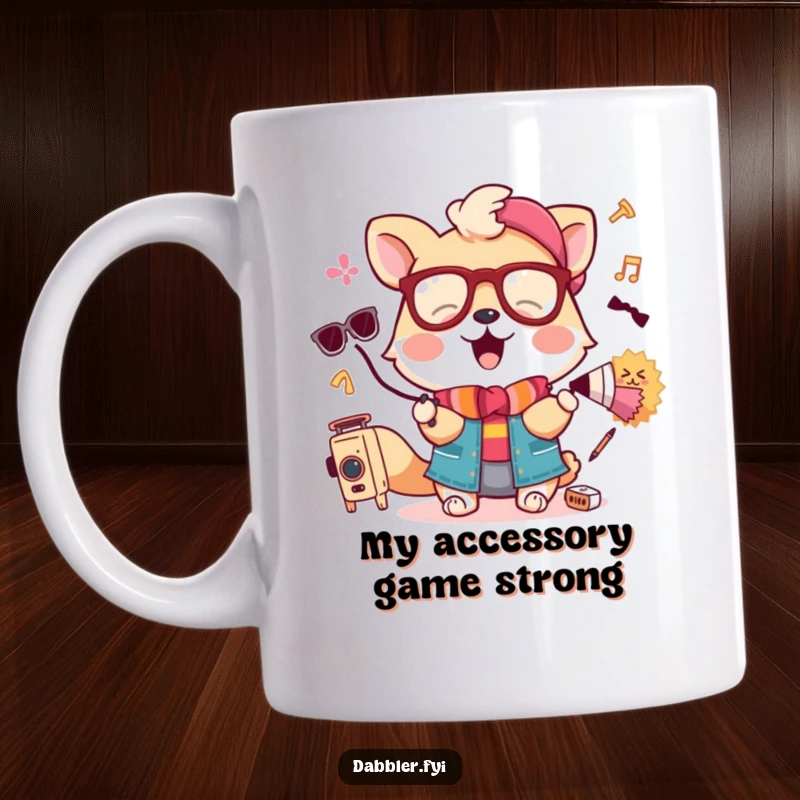 Funny mug showcasing a joyful animal enthusiastically trying on silly hats and glasses, radiating pure amusement.