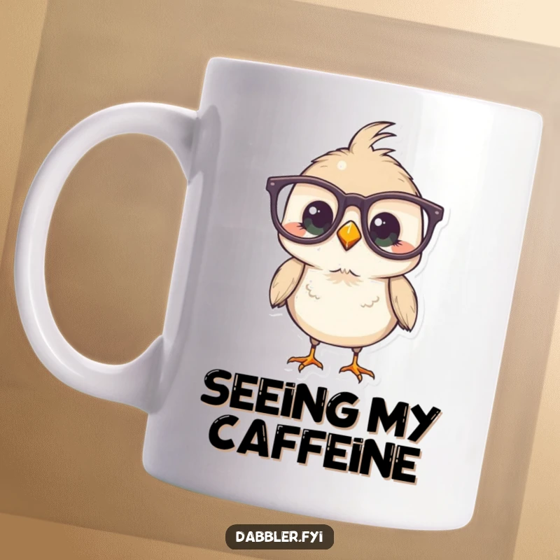 Funny Bird Mug showing a small bird hilariously trying on comically oversized glasses, looking studious and amusing.