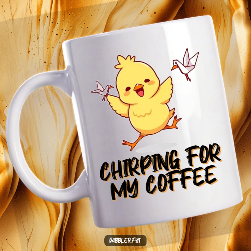 Funny Mug: A playful chick character dances joyfully, holding an intricate origami crane, embodying pure happiness.