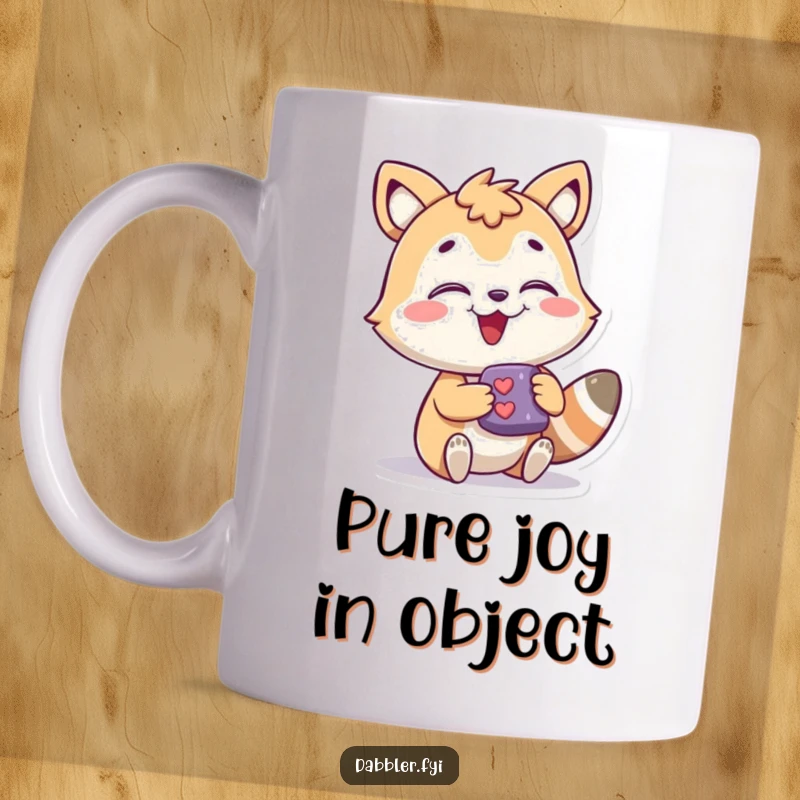Funny Joyful Animal Mug showing an ecstatic animal interacting with a small, captivating object, an ideal funny gift.