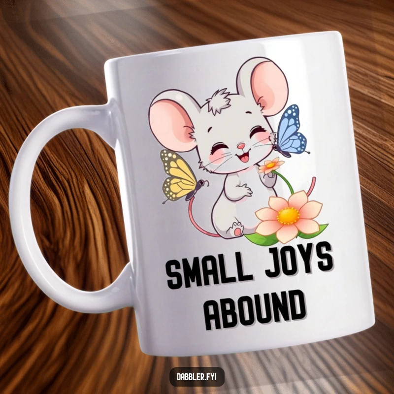 Funny Mouse Mug: Smiling mouse happily observing a colorful butterfly on a flower, conveying pure delight and wonder.