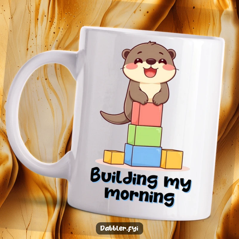 Funny Mug: A delighted otter character skillfully balancing a tall tower of colorful building blocks, showcasing focus.