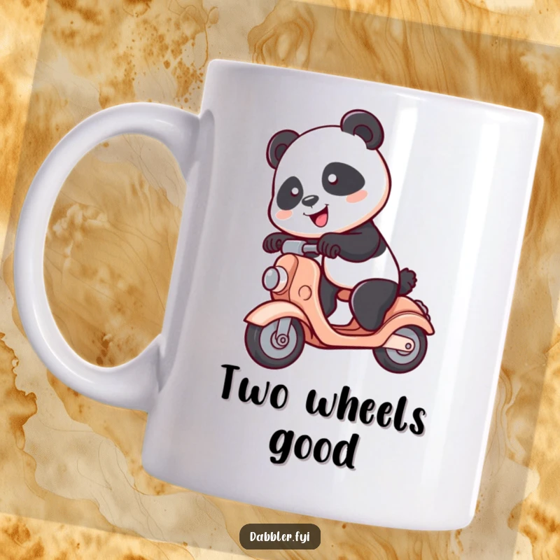 Funny Panda Mug: A spunky panda character hilariously tries to ride a tiny toy scooter, bringing laughter and joy.
