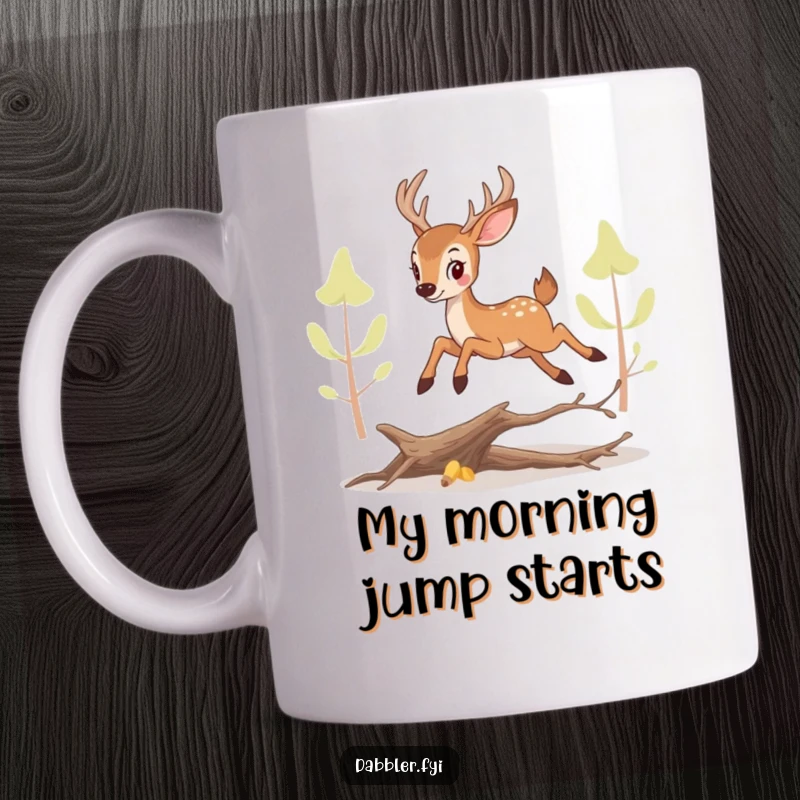 Funny perky deer mug, joyfully leaping over a small fallen branch, embodying playful nature and outdoor adventure.