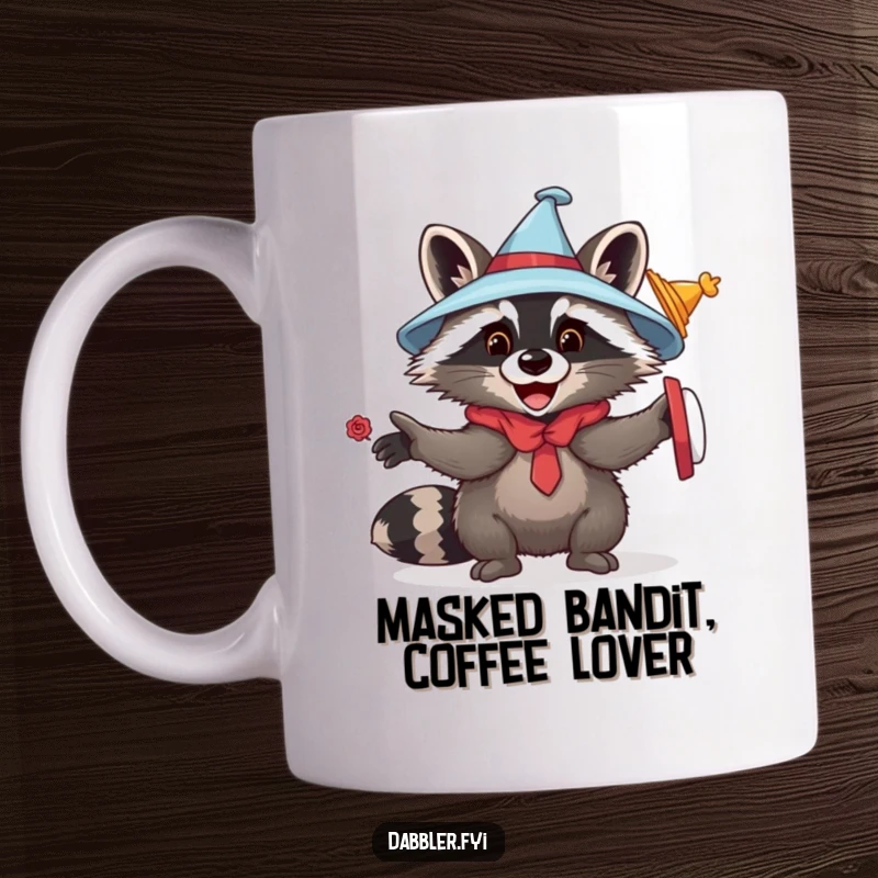 Funny playful raccoon mug showing a cute raccoon gleefully trying on various funny hats and disguises, expressing a love for dress-up.