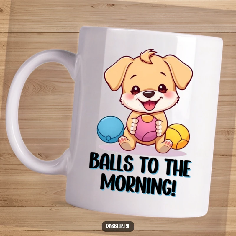 Funny mug featuring a cute puppy character with a mischievous grin, humorously attempting to juggle three colorful balls.