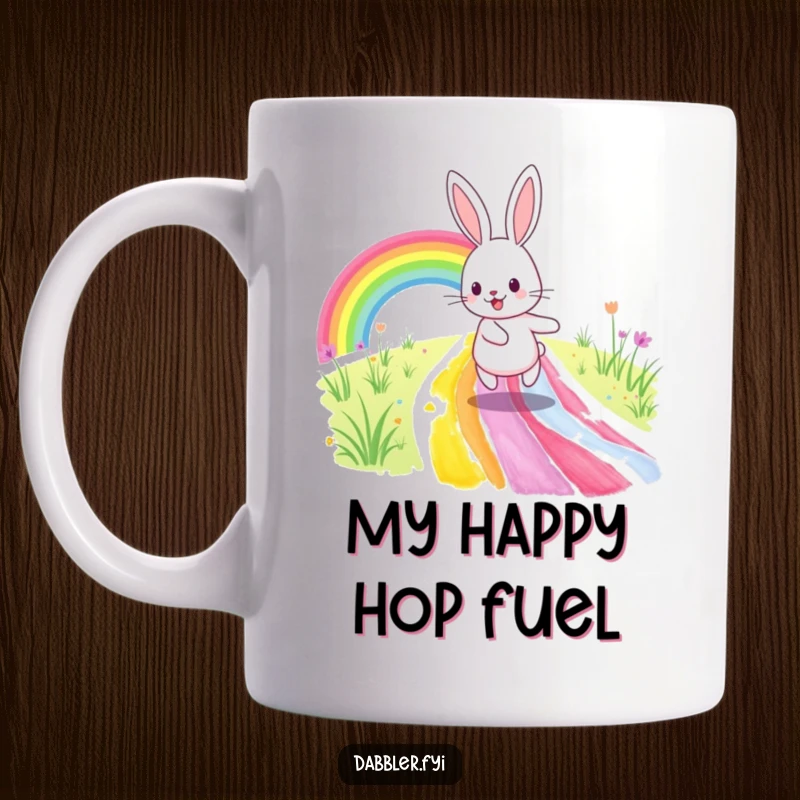Funny Mug: A happy rabbit skips joyfully along a vibrant, freshly painted rainbow path, embodying pure delight and artistic spirit.