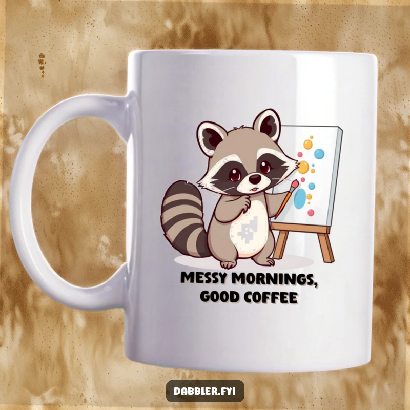 Funny Mug: A mischievous raccoon playfully dabs colorful paint onto a canvas using its fluffy tail, with a cheeky grin.