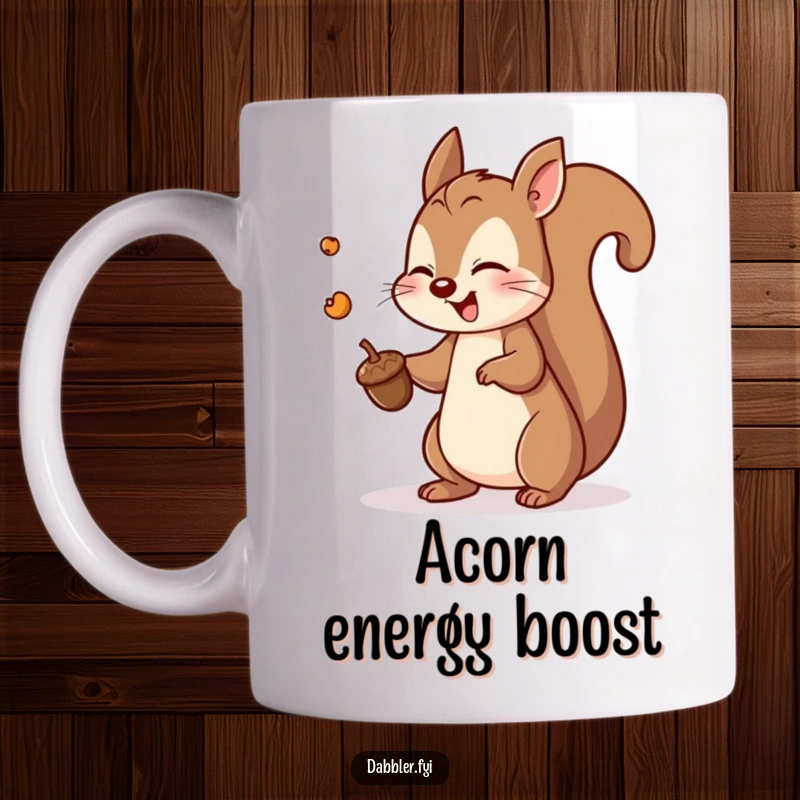 Funny squirrel mug showing a playful squirrel enthusiastically tossing a tiny acorn, radiating energetic and nutty fun.
