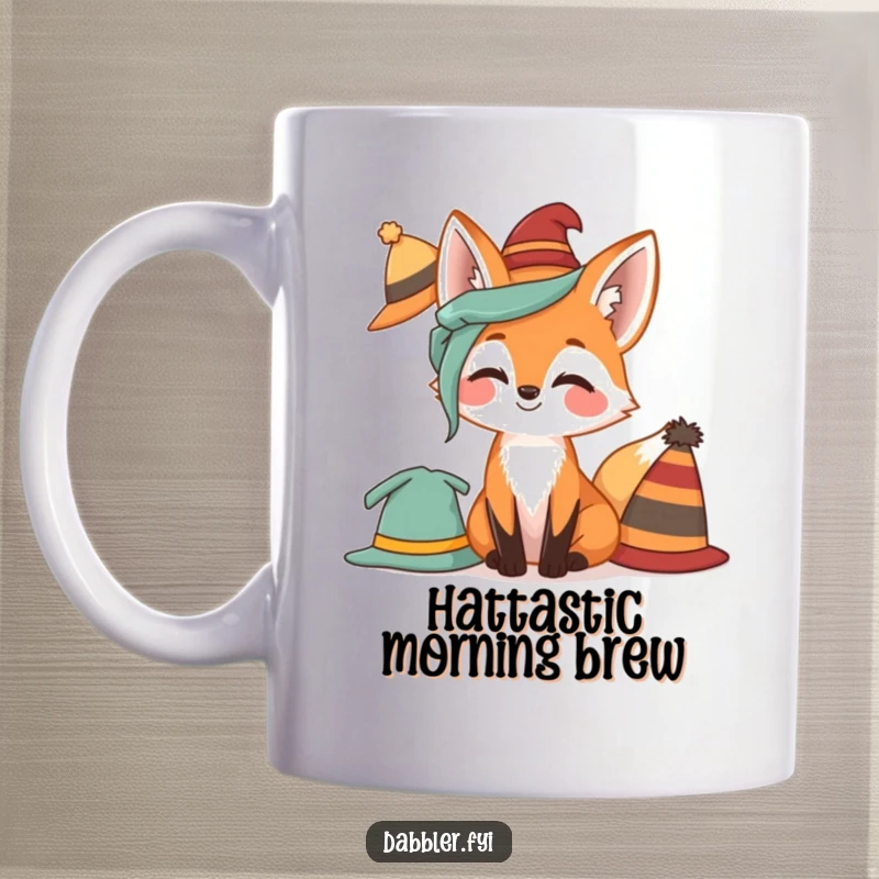 Funny Fox Mug showing a giggling fox joyfully trying on multiple stylish hats, embodying playful fashion sense.