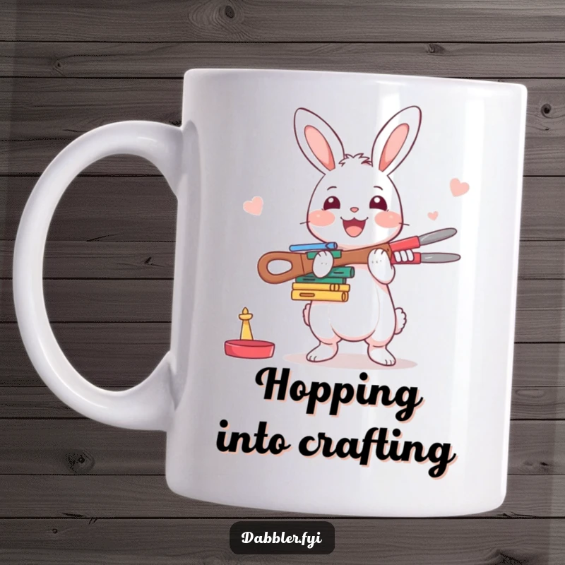 Funny Rabbit Mug: A happy rabbit enthusiastically attempts to balance a precarious stack of various crafting tools, looking determined.