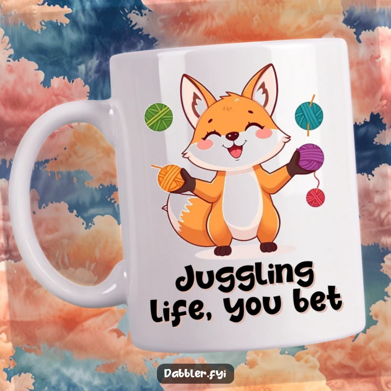 Funny Fox Mug: A playful fox grins while expertly juggling several small, colorful yarn balls, showcasing its cheerful dexterity.