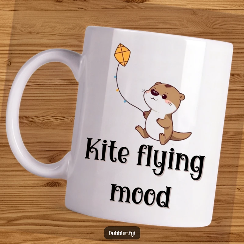Funny mug showing a determined otter character attempting to fly a small, handmade kite against a breezy backdrop, humorous effort.