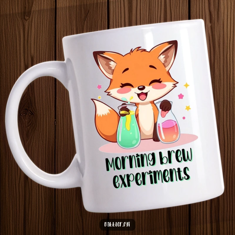 Funny fox mug, gleefully mixing colorful liquids in a lab setting, embodying mad scientist energy.