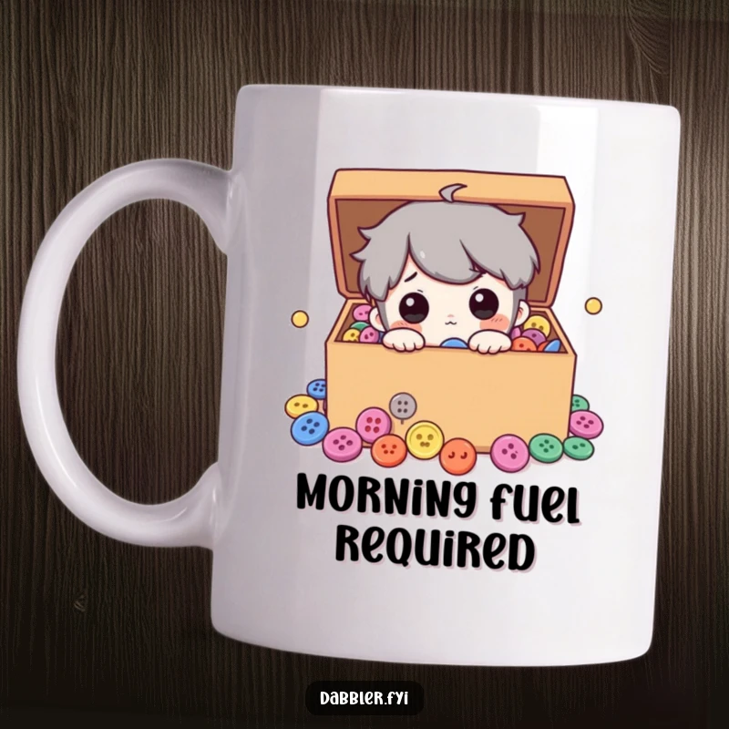 Funny mug showing a curious character peeking into a treasure box overflowing with vibrant, colorful buttons, evoking a sense of delightful discovery.