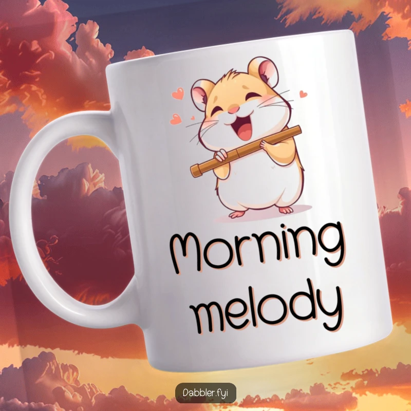 Funny mug showing a delighted hamster character playing a miniature flute with joyful abandon, a charming musician.