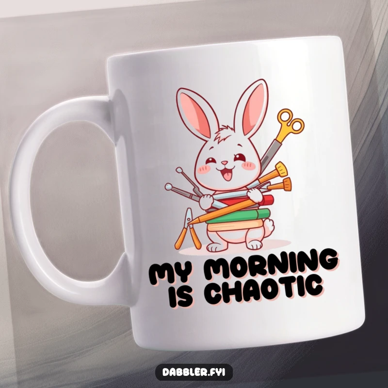 Funny mug featuring a happy rabbit character struggling to keep a stack of crafting tools balanced, depicting joyful enthusiasm.