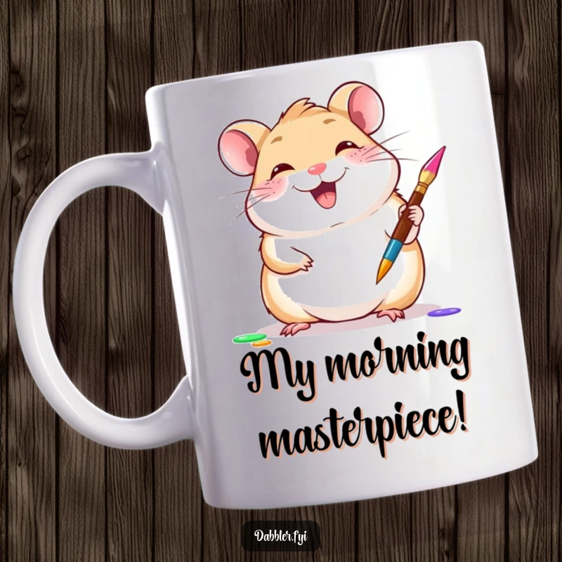 Funny hamster mug showing a giggling hamster gleefully trying a new paintbrush, a fun funny gift.